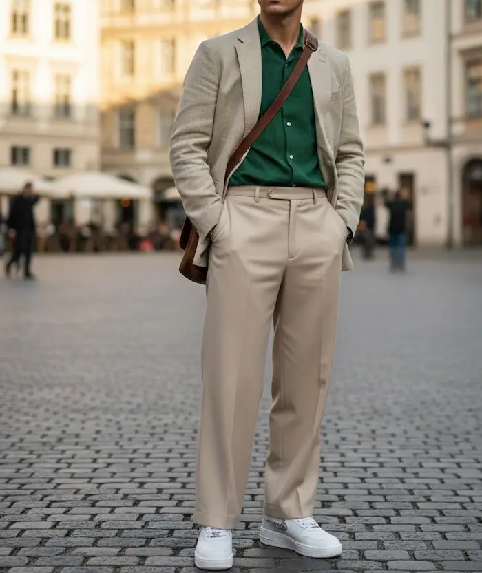 استایل با شلوار پارچه ای راسته و کتونی سفید 8756433