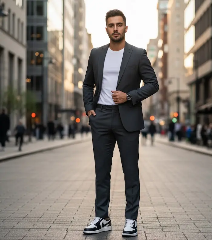 کت و شلوار طوسی با کتونی چرم مشکی 565443543