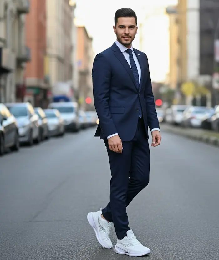 استایل کت و شلوار سرمه ای با کتونی سفید 6675546456