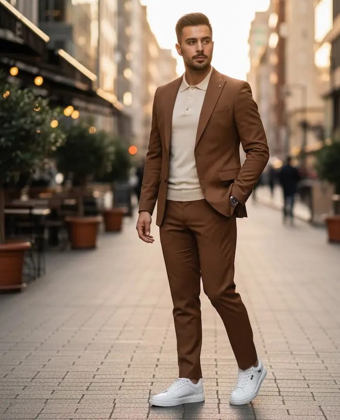 استایل کت و شلوار قهوه ای با کتونی سفید 6546544