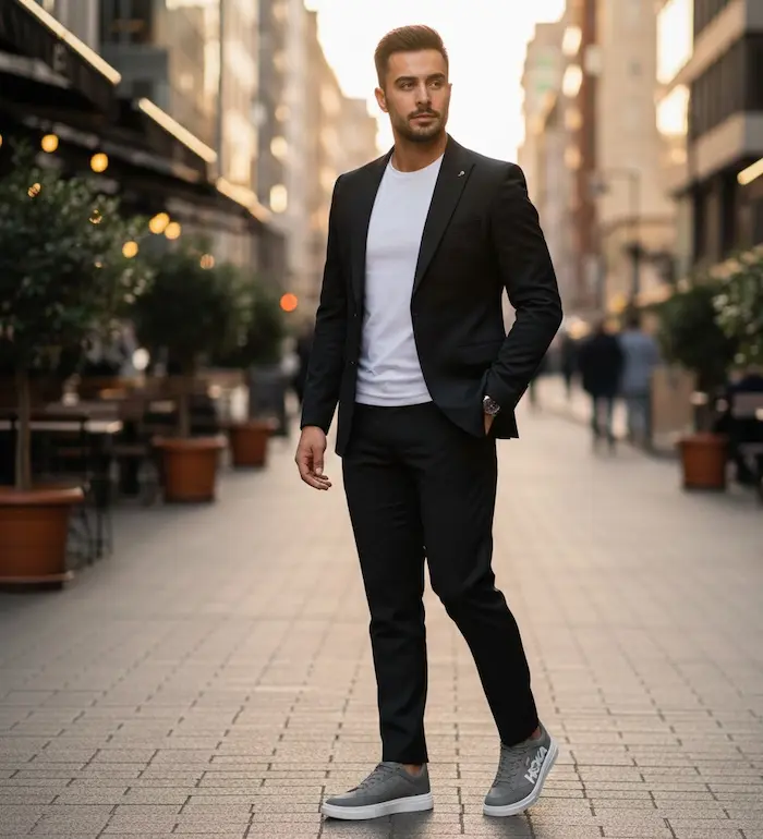 استایل کت و شلوار مشکی با کتونی طوسی 67655434