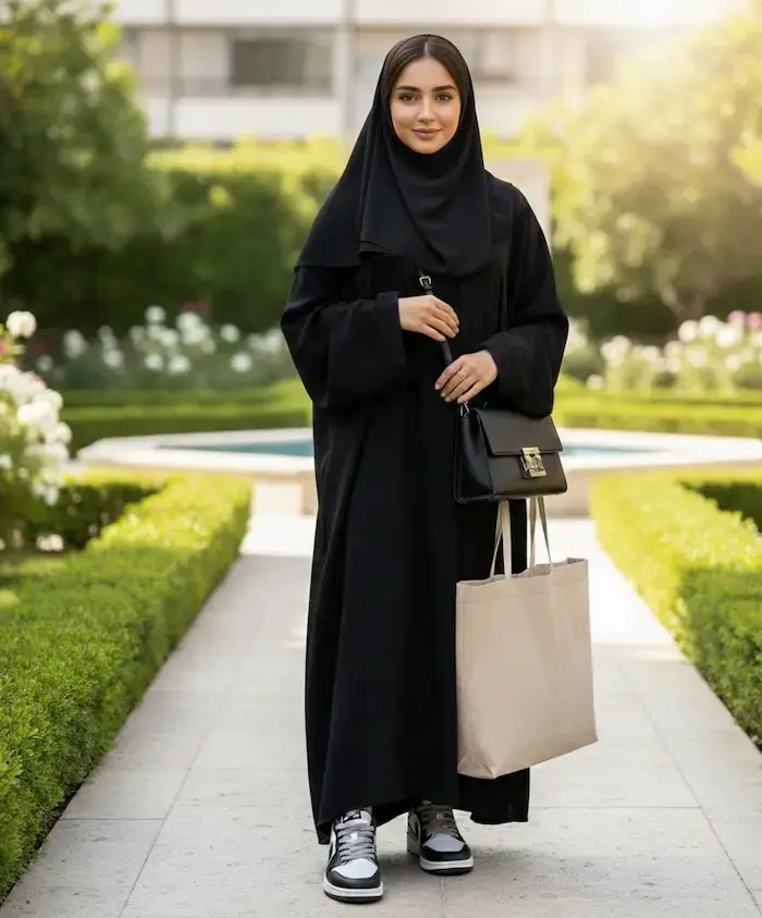 استایل با کتونی مشکی سفید برای خانم ها با استایل پوشیده 54654654